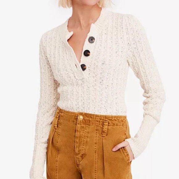 FREE PEOPLE Cream  "All My Friends" Henley Long Sleeve Sweater Sz XS - Picture 1 of 9